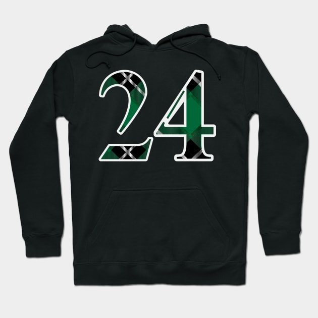 24 Sports Jersey Number Green Black Flannel Hoodie by Design_Lawrence